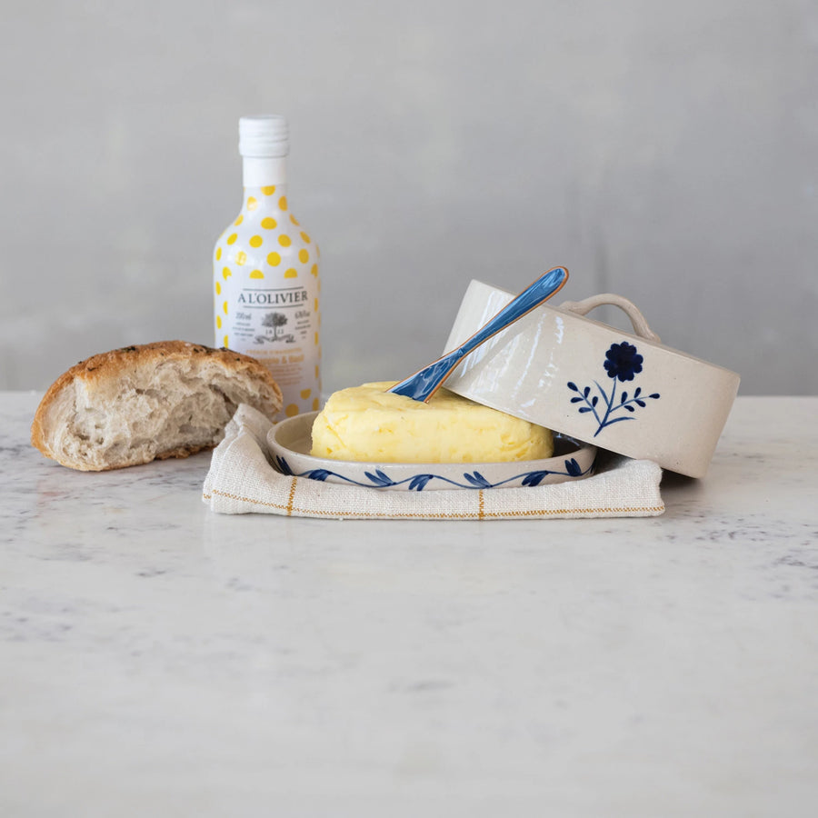 Blue & White Hand-Painted Stoneware Butter Dish