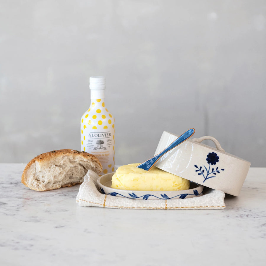 Blue & White Hand-Painted Stoneware Butter Dish