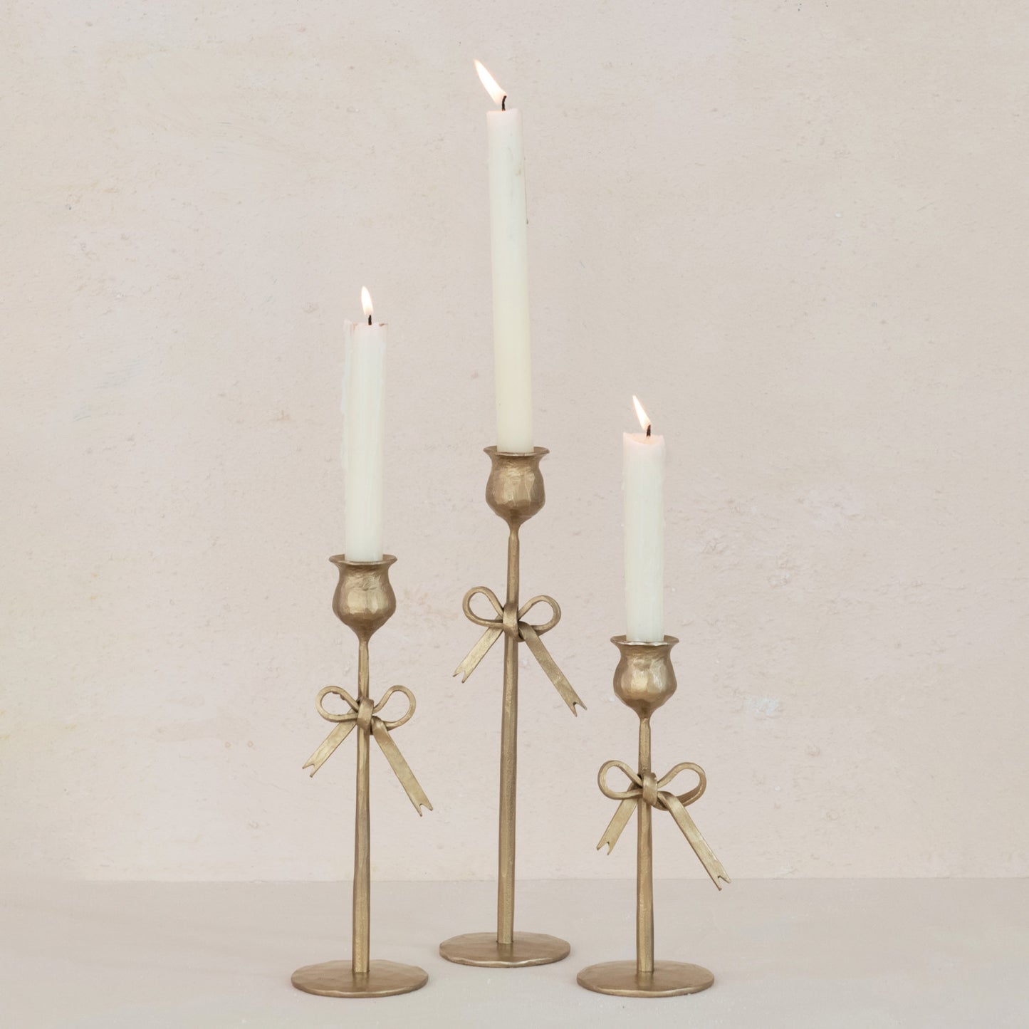 Hand-Forged Iron Taper Holders w/Bow & Antique Gold Finish
