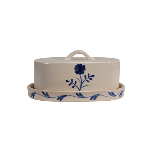 Blue & White Hand-Painted Stoneware Butter Dish