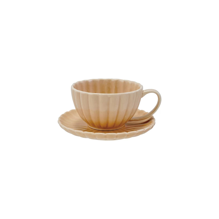 Cream Stoneware Ribbed Mug & Saucer