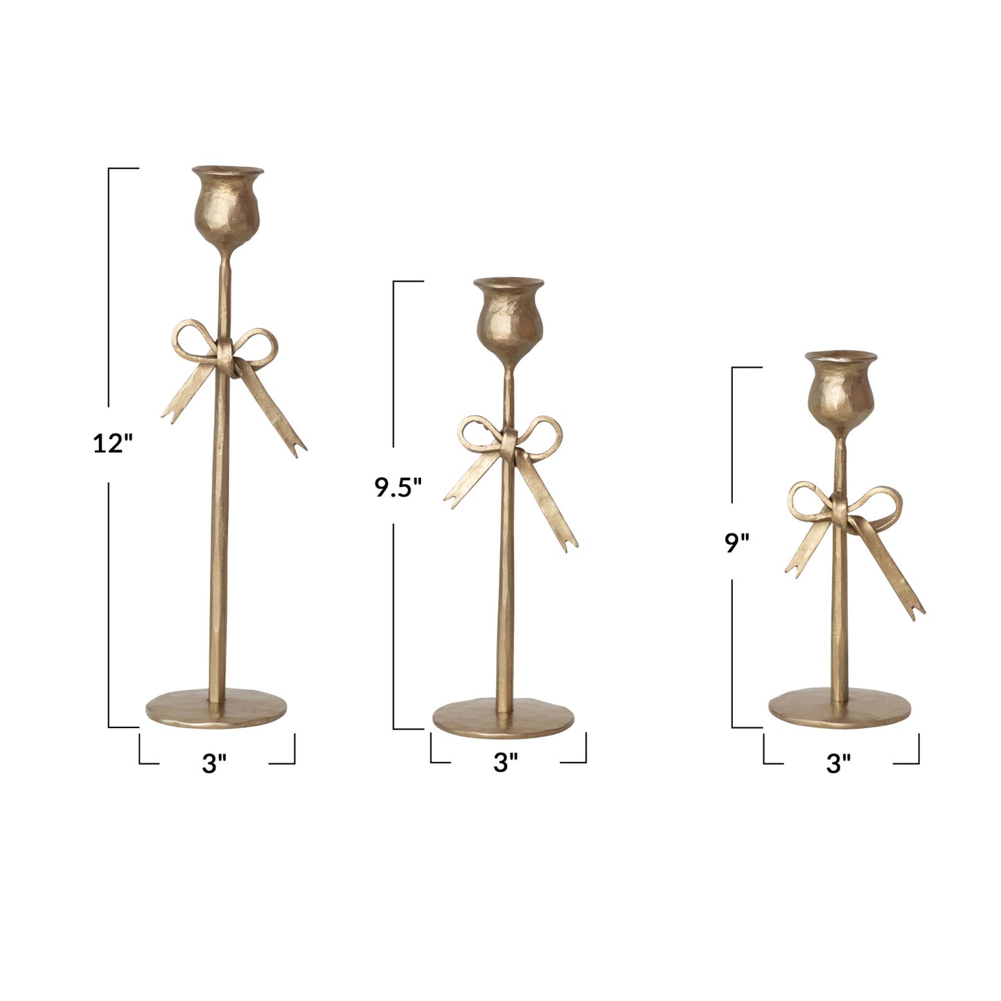 Hand-Forged Iron Taper Holders w/Bow & Antique Gold Finish