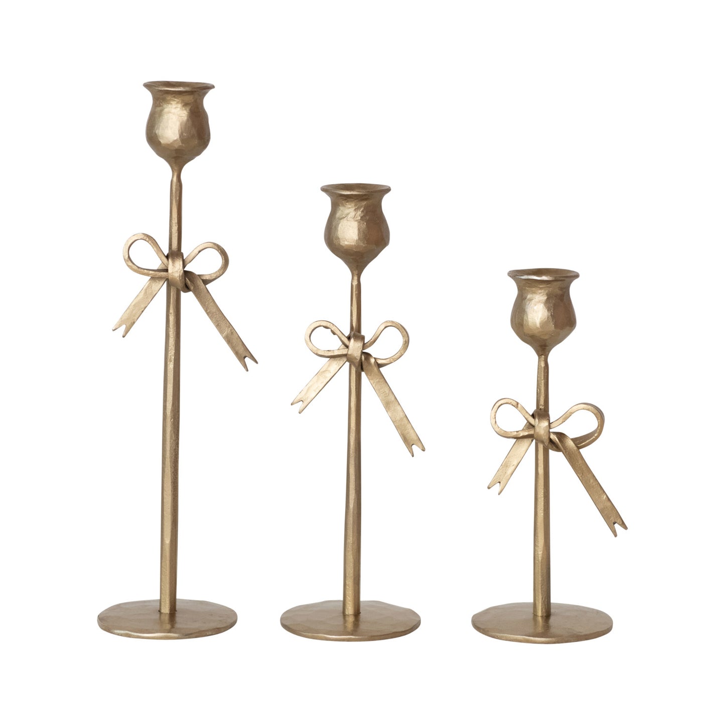 Hand-Forged Iron Taper Holders w/Bow & Antique Gold Finish
