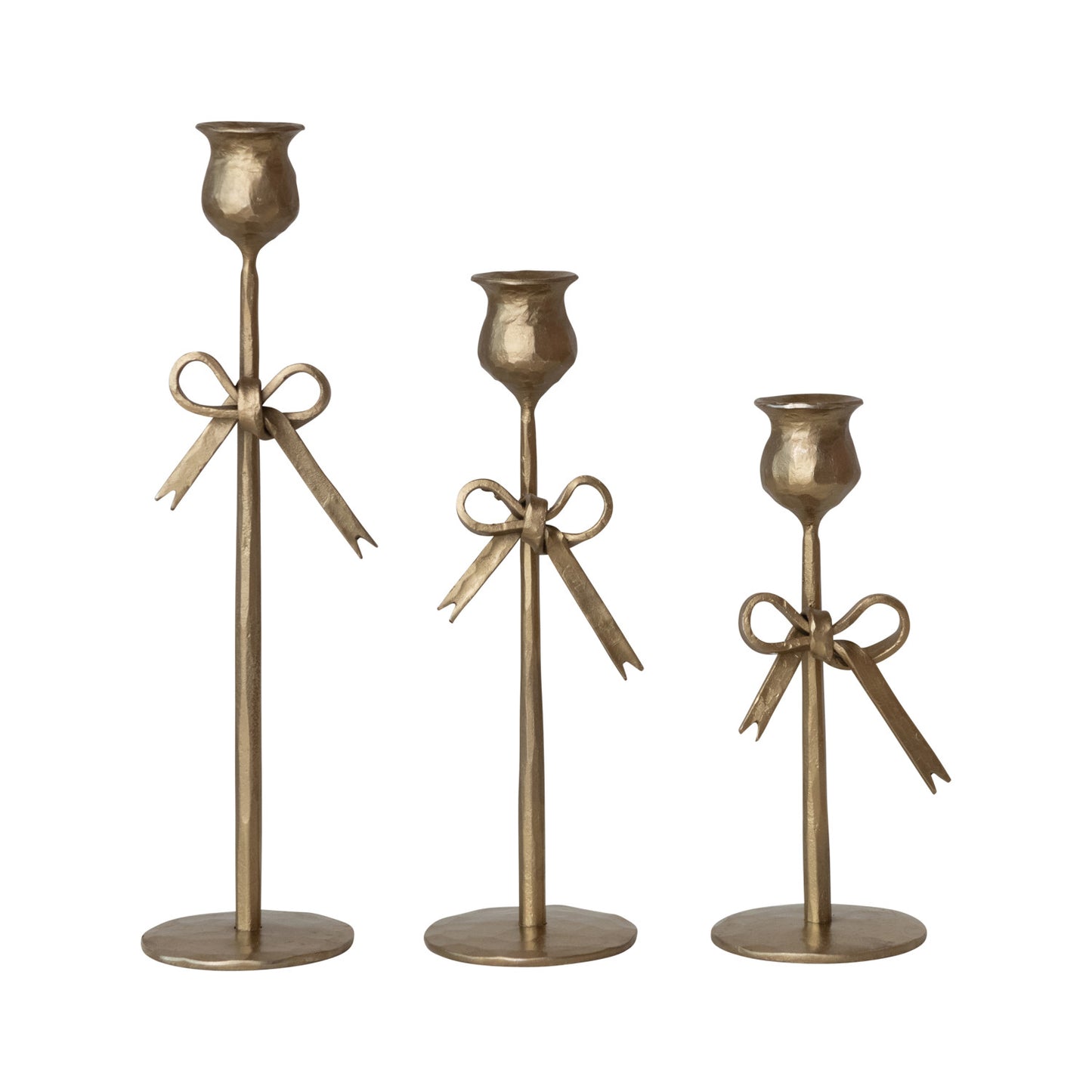 Hand-Forged Iron Taper Holders w/Bow & Antique Gold Finish