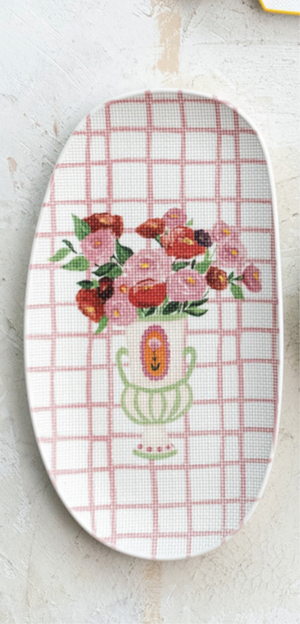 Textured Stoneware Plate w/Flowers in Vase