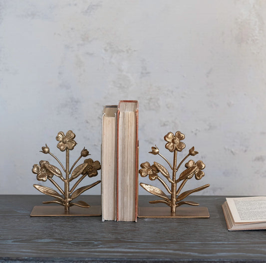Cast Iron Flower Shaped Bookends - Gold Finish