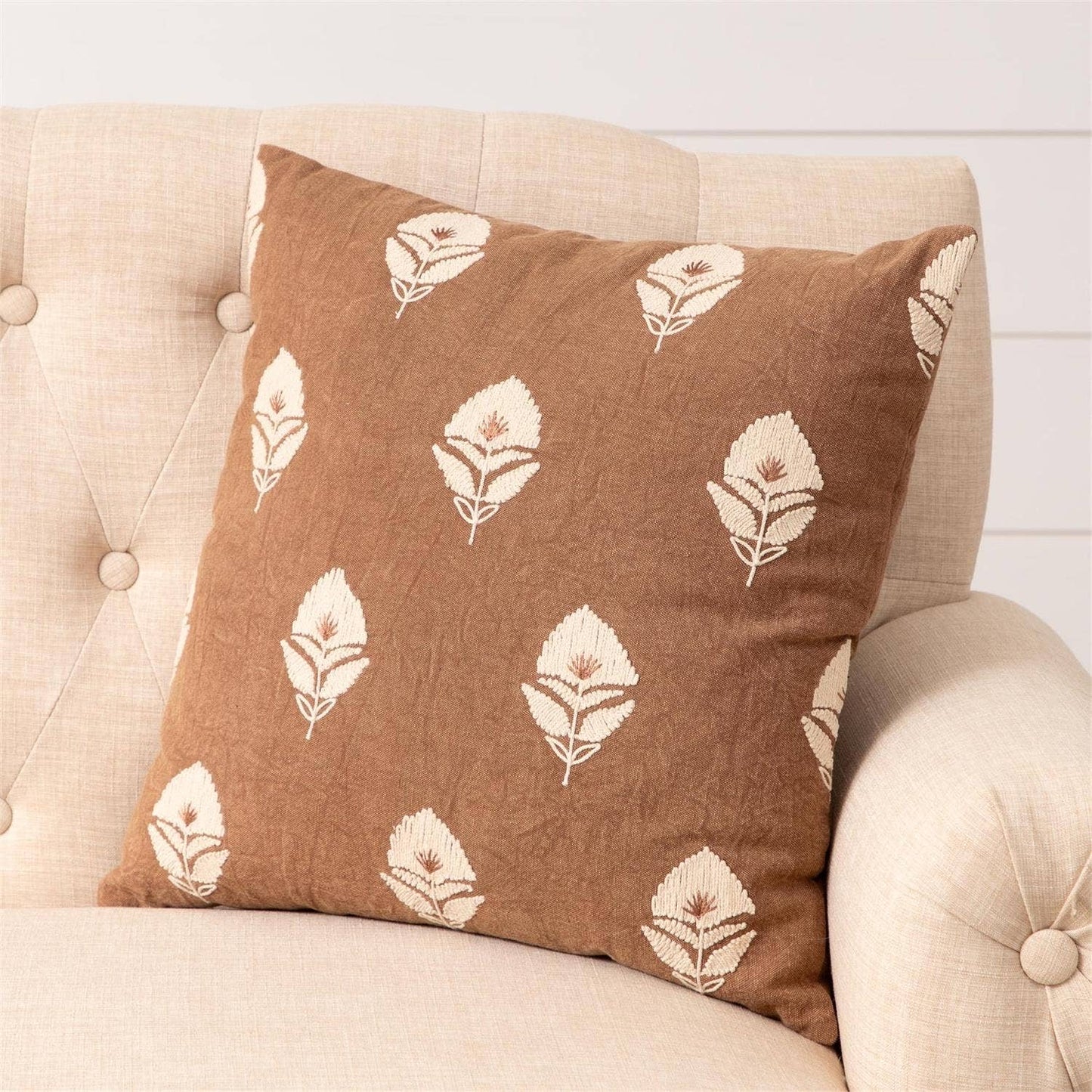 Rust pillow + embroidered floral block print