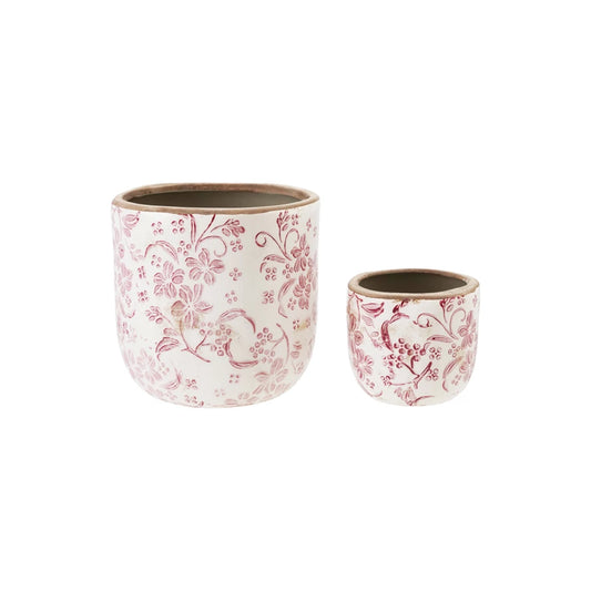 Stoneware Planters with Floral Pattern